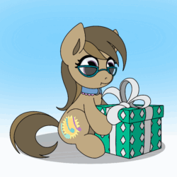 Size: 800x800 | Tagged: safe, artist:myr2a, imported from derpibooru, oc, oc only, oc:dawnsong, earth pony, pony, animated, collar, female, gif, gift box, glasses, mare, mouth hold, present, solo
