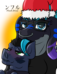 Size: 1000x1300 | Tagged: safe, artist:flash_draw, imported from derpibooru, oc, oc only, oc:flashdraw, earth pony, pony, shark, blushing, christmas, cuddling, glasses, holiday, kiss mark, lipstick, male, pack