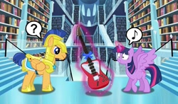 Size: 1024x604 | Tagged: safe, artist:silverbuller, imported from derpibooru, flash sentry, twilight sparkle, alicorn, bookshelf, christmas, confused, crystal empire, guitar, hearth's warming, holiday, library, music notes, musical instrument, present, question mark, twilight sparkle (alicorn)