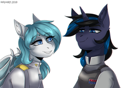 Size: 3000x2100 | Tagged: safe, artist:serodart, imported from derpibooru, oc, bat pony, pony, unicorn, bat pony oc, bat wings, bust, commission, duo, portrait, shipping, star wars, wings