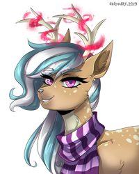 Size: 2000x2500 | Tagged: safe, artist:serodart, imported from derpibooru, oc, oc only, oc:karolin, deer, deer pony, original species, reindeer, bust, clothes, commission, deer magic, deer oc, magic, portrait, solo