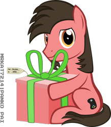 Size: 4000x4580 | Tagged: safe, artist:mrkat7214, imported from derpibooru, oc, oc only, oc:ace play, earth pony, pony, absurd resolution, facial hair, goatee, holding a present, looking at you, male, present, simple background, sitting, solo, stallion, transparent background, vector