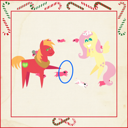 Size: 2000x2000 | Tagged: safe, anonymous artist, imported from derpibooru, big macintosh, fluttershy, pony, prairie dog, series:12 days of hearth's warming, series:fm holidays, 12 days of christmas, border, candy, candy cane, christmas, cute, female, floating, fluttermac, food, hearth's warming, holiday, hoof hold, hoop, jumping, male, pointy ponies, shipping, shyabetes, sleeping, smiling, straight, texture, the flying prairinos, twelve days of christmas