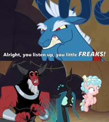 Size: 2000x2246 | Tagged: safe, edit, edited screencap, imported from derpibooru, screencap, cozy glow, grogar, lord tirek, queen chrysalis, centaur, changeling, changeling queen, pegasus, pony, sheep, frenemies (episode), abuse, angry, beard, bow, caption, chrysabuse, clenched teeth, cozybuse, crown, cutie mark, evil lair, eyebrows, facial hair, fangs, female, filly, gritted teeth, grogar's lair, horn, horns, image macro, jewelry, lair, legion of doom, leopold, male, meme, nervous, nose piercing, nose ring, piercing, quote, ram, reference, regalia, scared, septum piercing, shackles, simpsons did it, text, the simpsons, tirekabuse, wings