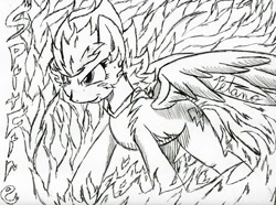 Size: 1035x772 | Tagged: safe, artist:petanoprime, imported from derpibooru, spitfire, pegasus, pony, female, fire, grin, lineart, mare, monochrome, signature, smiling, solo, spitfiery, text, traditional art