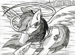 Size: 1049x762 | Tagged: safe, artist:petanoprime, imported from derpibooru, daring do, pegasus, pony, clothes, female, hair over one eye, hat, mare, monochrome, mouth hold, pith helmet, signature, text, traditional art, whip