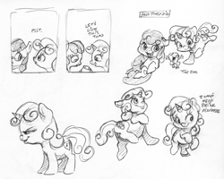 Size: 2389x1912 | Tagged: safe, artist:dilarus, deleted from derpibooru, imported from derpibooru, apple bloom, sweetie belle, earth pony, pony, toad, unicorn, comic, dialogue, female, filly, freckles, licking, monochrome, onomatopoeia, simple background, tongue out, traditional art, white background