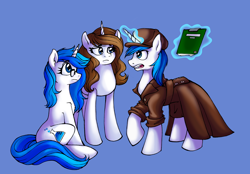 Size: 2874x2005 | Tagged: safe, artist:mati0la, imported from derpibooru, oc, oc only, oc:brainstorm, oc:mind, oc:white storm, pony, unicorn, blue background, brother and sister, clothes, coat, detective, female, glasses, hat, magic, male, mother and child, mother and daughter, mother and son, notebook, siblings, simple background