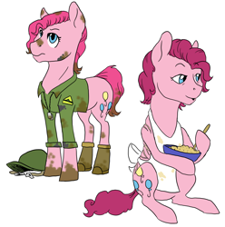 Size: 3108x3128 | Tagged: safe, artist:phobicalbino, imported from derpibooru, pinkie pie, earth pony, pony, apron, bowl, clothes, dog tags, female, grimdark in the description, hat, mare, military uniform, mixing bowl, mud, muddy, naked apron, scar, simple background, stirring, white background