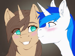 Size: 1814x1366 | Tagged: safe, artist:alexispaint, imported from derpibooru, oc, oc:brainstorm, oc:plomotte paw, pony, unicorn, blushing, cheek kiss, cute, female, kiss on the cheek, kissing, male