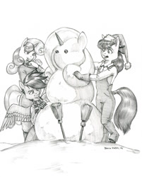 Size: 1100x1371 | Tagged: safe, artist:baron engel, imported from derpibooru, apple bloom, scootaloo, sweetie belle, anthro, earth pony, pegasus, unguligrade anthro, unicorn, cutie mark crusaders, female, filly, monochrome, pencil drawing, snow, snowmare, snowpony, tongue out, traditional art, trio, trio female