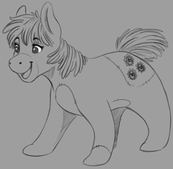 Size: 2436x2379 | Tagged: safe, artist:faline-art, imported from derpibooru, cheerilee, original species, plush pony, pony, crossover, female, hundred acre wood, living object, living toy, mare, monochrome, plushie, smiling, solo, winnie the pooh