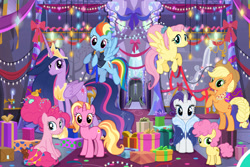 Size: 1541x1027 | Tagged: safe, imported from derpibooru, applejack, fluttershy, li'l cheese, luster dawn, pinkie pie, rainbow dash, rarity, twilight sparkle, alicorn, earth pony, pegasus, pony, the last problem, castle, christmas, colt, decoration, female, flying, foal, game, gameloft, holiday, horn, looking at you, male, mare, older, older applejack, older fluttershy, older pinkie pie, older rainbow dash, older rarity, older twilight, present, princess twilight 2.0, sitting, standing, twilight sparkle (alicorn), wings