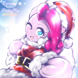 Size: 1536x1536 | Tagged: safe, artist:kurogewapony, imported from derpibooru, pinkie pie, earth pony, pony, christmas, clothes, costume, cute, diapinkes, female, hat, holiday, mare, one eye closed, santa costume, santa hat, solo, wink