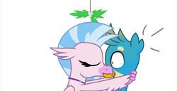 Size: 1024x524 | Tagged: safe, artist:ejlightning007arts, imported from derpibooru, gallus, silverstream, griffon, hippogriff, christmas, cropped, cute, diastreamies, dot eyes, female, gallabetes, gallstream, holiday, kissing, male, mistleholly, mouth to mouth, shipping, shocked expression, shrunken pupils, spoilers for another series, straight, surprise kiss, vector