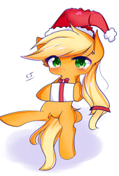 Size: 2494x3658 | Tagged: safe, artist:crackerjackvn, imported from derpibooru, applejack, earth pony, pony, bipedal, blushing, christmas, cute, ear fluff, female, hat, high res, holiday, jackabetes, mare, no nose, present, santa hat, simple background, solo, white background