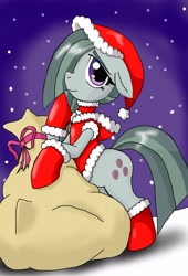 Size: 2575x3793 | Tagged: safe, artist:a.s.e, imported from derpibooru, marble pie, earth pony, pony, christmas, clothes, costume, cute, female, floppy ears, hair over one eye, hat, holiday, looking at you, marblebetes, mare, santa costume, santa hat, santa sack, smiling, snow, solo