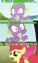 Size: 593x972 | Tagged: safe, edit, edited screencap, editor:undeadponysoldier, imported from derpibooru, screencap, apple bloom, spike, dragon, earth pony, pony, series:spikebob scalepants, bow, comic, episode needed, female, filly, jellyfish hunter, male, offscreen character, reference, scared, screencap comic, spongebob squarepants