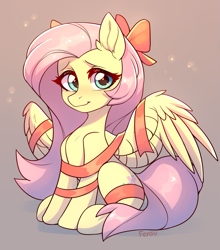 Size: 1761x2000 | Tagged: safe, artist:fensu-san, imported from derpibooru, fluttershy, pegasus, pony, bow, christmas, cute, ear fluff, female, gift wrapped, holiday, mare, present, ribbon, shyabetes, sitting, solo, spread wings, wings