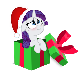 Size: 2621x2435 | Tagged: safe, artist:anime-equestria, imported from derpibooru, rarity, pony, unicorn, :3, adorable face, blushing, bow, box, christmas, cute, female, hat, holiday, horn, mare, pony in a box, present, raribetes, simple background, smiling, solo, transparent background, vector, weapons-grade cute