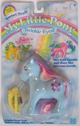 Size: 409x640 | Tagged: safe, imported from derpibooru, galaxy (g1), masquerade (g1), sweet stuff, twinkle eyed pony, comb, g1, irl, official, packaging, photo, text, toy