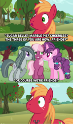 Size: 928x1566 | Tagged: safe, artist:doodleponyxx, edit, edited screencap, imported from derpibooru, screencap, big macintosh, cheerilee, marble pie, sugar belle, earth pony, pony, unicorn, a happy ending for marble pie, apple, apple tree, awkward, caption, comic, concerned, confused, cropped, female, food, friendship, friendshipping, male, not lesbian, screencap comic, shipping, shocked, shocked expression, silence, smiling, straight, stunned, sugarmac, surprised, surprised face, sweet apple acres, tree, worried, youtube link, youtube link in the description