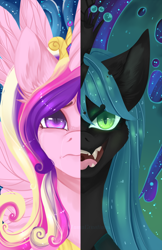 Size: 1200x1854 | Tagged: safe, artist:tomocreations, artist:tomoyuki, imported from derpibooru, princess cadance, queen chrysalis, alicorn, changeling, changeling queen, pony, duo, female, mare