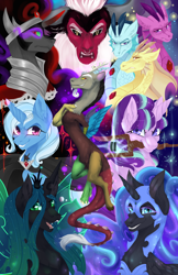 Size: 1200x1855 | Tagged: safe, artist:tomocreations, artist:tomoyuki, imported from derpibooru, adagio dazzle, aria blaze, discord, king sombra, lord tirek, nightmare moon, queen chrysalis, sonata dusk, starlight glimmer, trixie, alicorn, centaur, changeling, changeling queen, draconequus, siren, unicorn, alicorn amulet, antagonist, fangs, female, sharp teeth, staff, staff of sameness, teeth, the dazzlings, villains of equestria