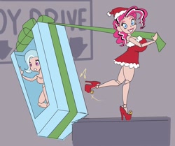 Size: 1280x1068 | Tagged: safe, artist:moronsonofboron, imported from derpibooru, pinkie pie, trixie, human, ball joint boutique, ball jointed doll, christmas, clothes, costume, doll, dollified, dress, duo, gothic pinkie, high heels, holiday, humanized, inanimate tf, kicking, peril, present, santa costume, shoes, transformation