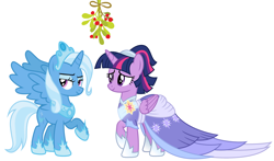 Size: 2164x1272 | Tagged: safe, artist:sonofaskywalker, artist:strawberry-pannycake, edit, imported from derpibooru, trixie, twilight sparkle, alicorn, pony, the last problem, alicornified, christmas, clothes, coronation dress, dress, female, holiday, lesbian, mistleholly, mistletoe, princess of humility, race swap, second coronation dress, shipping, simple background, trixiecorn, twilight sparkle (alicorn), twixie, white background