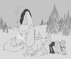 Size: 3300x2715 | Tagged: safe, artist:phobicalbino, imported from derpibooru, discord, oc, oc:far foot, oc:toboggan, deer, clothes, deer oc, fishing rod, gray background, grayscale, hat, male, monochrome, pine tree, simple background, snow, tree