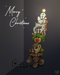 Size: 2048x2560 | Tagged: safe, artist:sugar morning, imported from derpibooru, oc, oc only, oc:bolton, oc:oasis, oc:waffles, earth pony, griffon, pegasus, pony, chibi, christmas, christmas lights, christmas tree, cute, happy hearth's warming, hearth's warming, holiday, merry christmas, stacking, text, tree, ych result