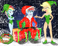 Size: 4487x3541 | Tagged: safe, artist:urhangrzerg, imported from derpibooru, applejack, rainbow dash, equestria girls, christmas, clothes, costume, equestria guys, fake beard, female, holiday, male, rainbow blitz, rule 63, santa beard, santa costume, self paradox