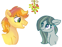 Size: 1929x1488 | Tagged: safe, artist:dreamscapevalley edits, edit, imported from derpibooru, braeburn, marble pie, a happy ending for marble pie, blushing, braebetes, braeble, christmas, cute, eye contact, female, hair tie, hearth's warming, heartwarming, holiday, looking at each other, male, marblebetes, mare, mistleholly, mistletoe, romantic, shipping, simple background, smiling, stallion, straight, white background