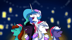 Size: 1920x1080 | Tagged: safe, artist:anticular, imported from derpibooru, princess celestia, oc, alicorn, pony, unicorn, christmas, clothes, eyes closed, female, hat, holiday, mare, santa hat, scarf, singing, youtube link