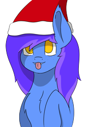 Size: 4961x7016 | Tagged: safe, artist:skylarpalette, imported from derpibooru, oc, oc only, oc:skylar night, bat pony, pony, :p, bat pony oc, bust, christmas, colored, fluffy, hat, holiday, hooves to the chest, long mane, looking up, santa hat, shading, simple background, simple shading, solo, tongue out