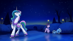 Size: 1920x1080 | Tagged: safe, artist:anticular, imported from derpibooru, princess celestia, starlight glimmer, trixie, alicorn, pony, unicorn, celestia is amused, christmas, clothes, face down ass up, female, floppy ears, hat, holiday, ice, ice skating, mare, mittens, necc, night, scarf, starlight glimmer is amused, trixie is not amused, unamused, varying degrees of amusement, youtube link