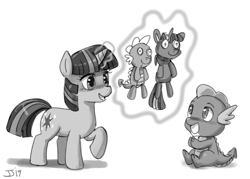 Size: 1100x787 | Tagged: safe, artist:johnjoseco, imported from derpibooru, spike, twilight sparkle, dragon, pony, unicorn, baby, baby spike, cute, doll, duo, female, filly, filly twilight sparkle, magic, monochrome, sketch, spikabetes, telekinesis, toy, twiabetes, younger