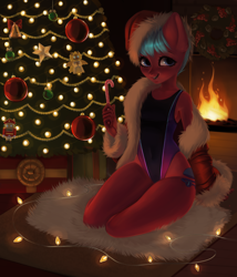 Size: 3000x3500 | Tagged: safe, artist:licoricefairy, imported from derpibooru, oc, oc only, oc:windsweeper, anthro, anthro oc, black swimsuit, candy, candy cane, christmas, christmas gift, christmas tree, clothes, coat, female, fireplace, food, hat, hearth's warming, heartswarming, high cut, high-cut clothing, holiday, kneeling, mare, mare only, one-piece swimsuit, present, santa hat, short mane, sitting, smiling, smiling at you, solo, sugar cane, swimsuit, tree, violet swimsuit, wet, x-mas