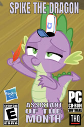 Size: 592x890 | Tagged: safe, edit, edited screencap, editor:undeadponysoldier, imported from derpibooru, screencap, spike, dragon, series:spikebob scalepants, the break up breakdown, box art, caption, cd-rom, cropped, employee of the month, episode needed, game rating, hasbro, hasbro logo, hat, image macro, lidded eyes, male, parody, pc game, pc logo, quill, rated e, solo, spongebob squarepants, spongebob's hat, text, thq, thq logo, video game