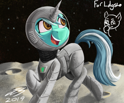 Size: 2400x2000 | Tagged: safe, artist:ilicksunshine, artist:sigilponies, imported from derpibooru, lyra heartstrings, pony, unicorn, astronaut, female, moon, smiling, solo, space, spacesuit