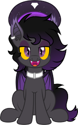 Size: 3000x4765 | Tagged: safe, artist:pirill, imported from derpibooru, oc, oc only, oc:zenaris blackmour, bat pony, pony, 2020 community collab, derpibooru community collaboration, clothes, collar, dyed mane, dyed tail, ear piercing, eyeshadow, fangs, hat, makeup, male, open mouth, piercing, simple background, sitting, solo, stallion, transparent background, trap, vector