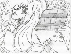 Size: 1021x782 | Tagged: safe, artist:petanoprime, imported from derpibooru, applejack, earth pony, pony, apple, bucket, female, food, freckles, hoof hold, mare, monochrome, open mouth, signature, smiling, solo, traditional art