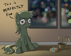 Size: 1495x1186 | Tagged: safe, artist:amarthgul, imported from derpibooru, oc, oc only, oc:anon, oc:anon stallion, earth pony, pony, anonpony, christmas, christmas tree, female, holiday, potted plant, solo, this is fine, tree