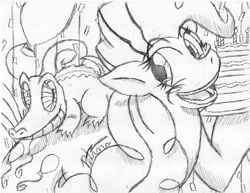 Size: 1018x784 | Tagged: safe, artist:petanoprime, imported from derpibooru, gummy, pinkie pie, alligator, earth pony, pony, balloon, cake, duo, female, food, hoof hold, lineart, mare, monochrome, open mouth, signature, smiling, traditional art