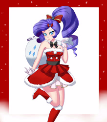 Size: 3500x4000 | Tagged: safe, artist:melliedraws, imported from derpibooru, rarity, human, bare shoulders, boots, christmas, clothes, female, holiday, humanized, ponytail, santa sack, shoes, skirt, sleeveless, solo