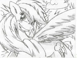 Size: 1027x777 | Tagged: safe, artist:petanoprime, imported from derpibooru, pegasus, pony, cloud, female, grin, lineart, mare, monochrome, signature, smiling, solo, traditional art