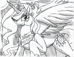 Size: 1022x782 | Tagged: safe, artist:petanoprime, imported from derpibooru, princess celestia, alicorn, pony, female, hoof shoes, mare, monochrome, raised hoof, signature, solo, sun, traditional art