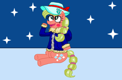 Size: 769x508 | Tagged: safe, artist:drypony198, imported from derpibooru, blushing, clothes, cowboys and equestrians, cute, hat, jacket, mad (tv series), mad magazine, maplejack, night, snow, winter