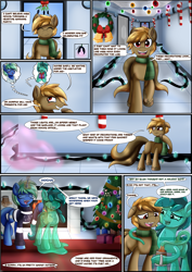 Size: 2894x4093 | Tagged: safe, artist:novaspark, imported from derpibooru, oc, oc only, oc:mocha glaze, oc:morpha, oc:nova spark, earth pony, goo, goo pony, monster pony, original species, pony, tatzlpony, comic:working for a mad mare, ^^, black vine, blushing, candy, candy cane, christmas, christmas lights, christmas presents, christmas sweater, christmas tree, cider, clothes, comic, dialogue, double tail, ear fluff, earth pony oc, eyes closed, fangs, female, fireplace, floppy ears, food, front view, glowing, glowing horn, grin, high res, holiday, hoof hold, hooves, horn, indoors, looking at someone, looking back, magic, male, mug, multiple tails, narrowed eyes, open mouth, open smile, present, raised hoof, scarf, shading, shadow, signature, smiling, speech bubble, stallion, standing, sweater, tail, telekinesis, thought bubble, tree, underhoof, unshorn fetlocks, wall of tags